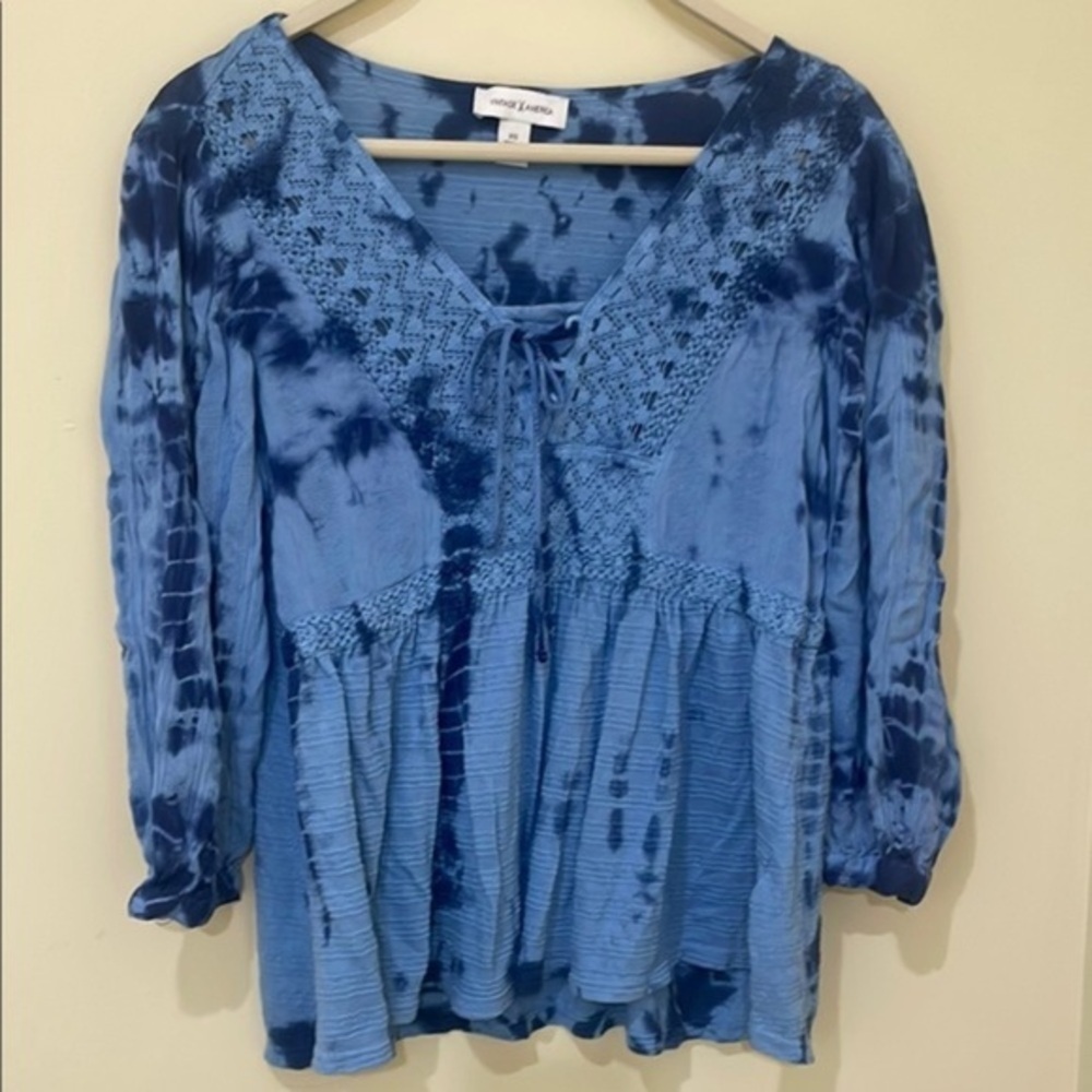 Vintage America Navy and Sky Blue Lace-Up Blouse Size XS  (Fits XS-S)